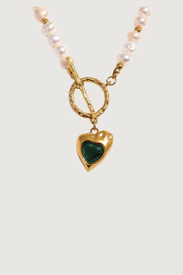 GOLD HEART FRESHWATER PEARL NECKLACE GREEN STONE - STUDIO JO STORE